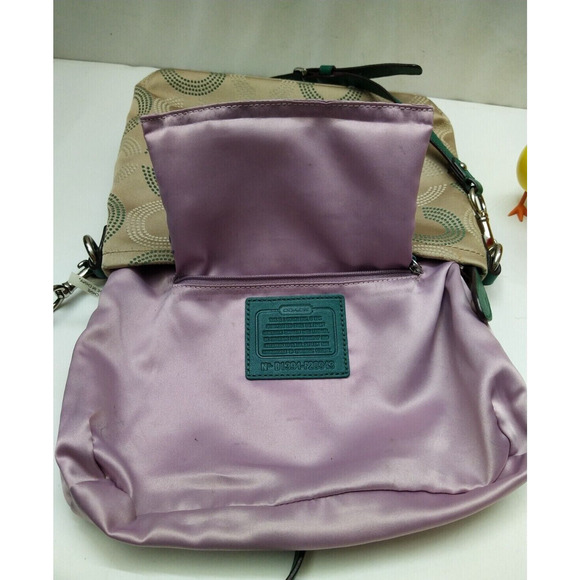 Coach Signature Brown Canvas Teal Leather Trim Zipper Satchel Crossbody Bag - Picture 10 of 14